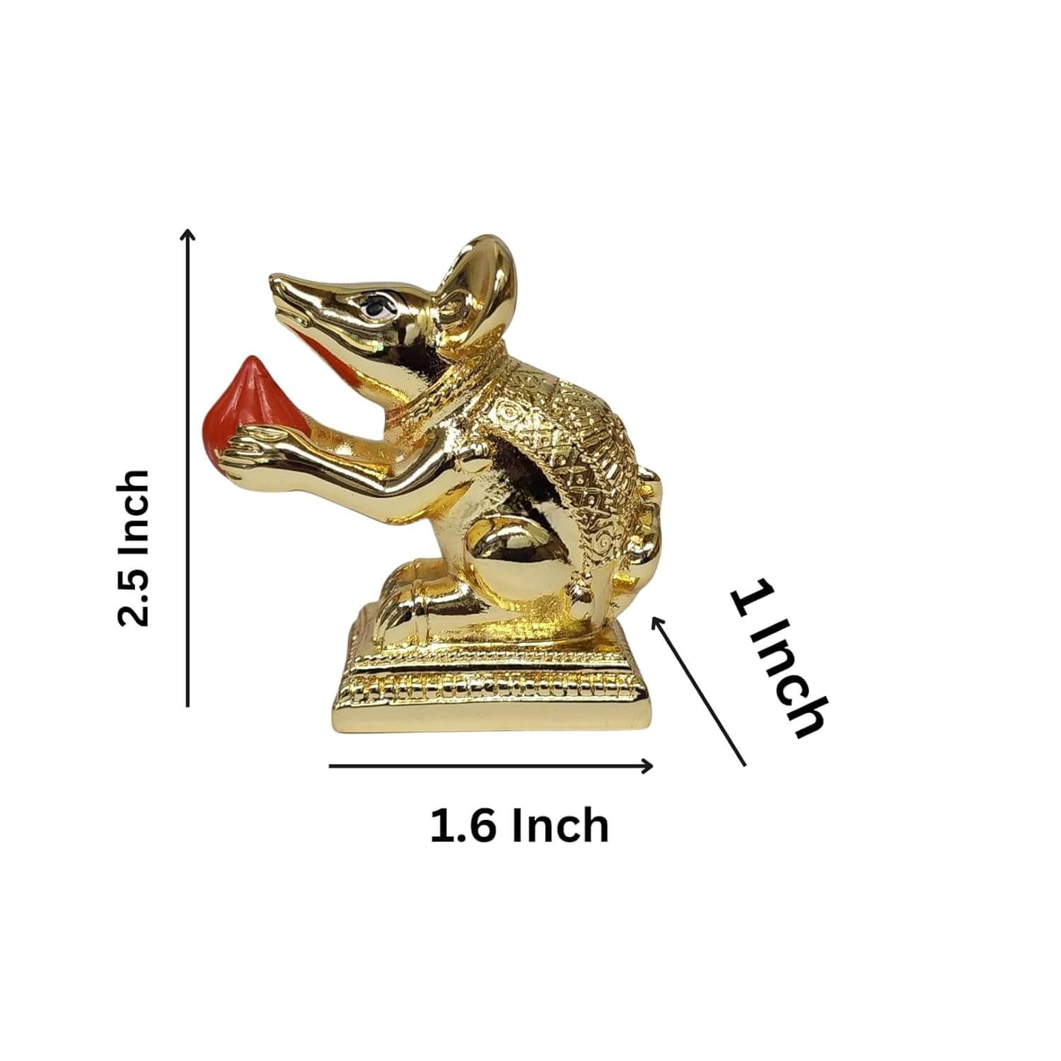 Gold-plated Mushak rat idol with intricate carvings, sitting on a decorative base, holding a Modak offering in its paws
