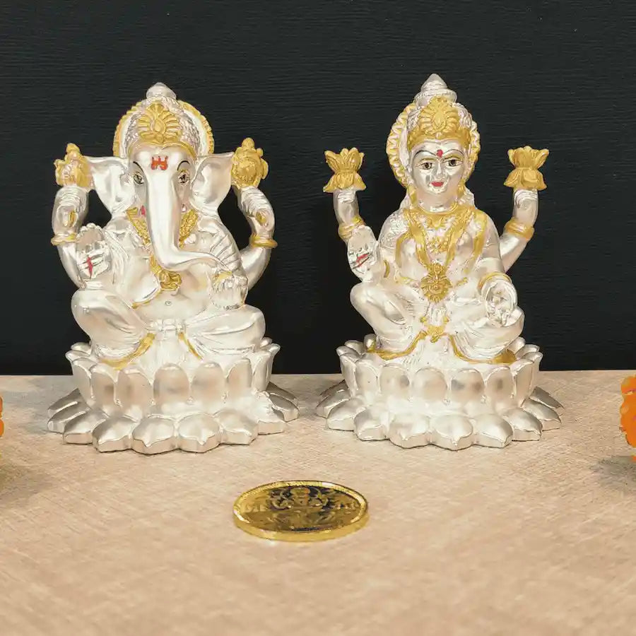 Kamal Laxmi Ganesh Silver Matte Idol for Home Decor with Gold Plated Coin 4.1