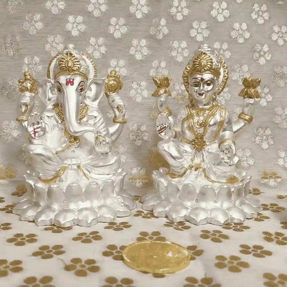 Kamal Laxmi Ganesh Silver Matte Idol for Home Decor with Gold Plated Coin 4.1