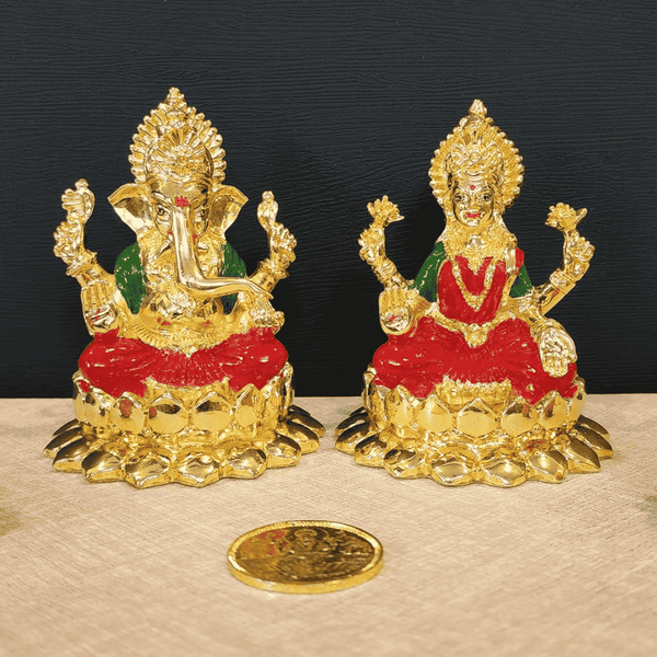 Kamal Laxmi Ganesha Gold Plated Idol for Home with Enamel Color and Gold Plated 4"