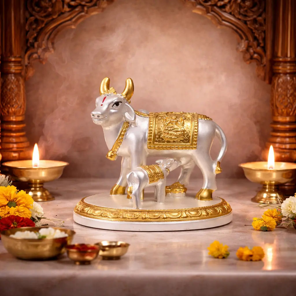 Kamdhenu Cow with Calf – Gold Silver Plated Matte Idol | Vastu Decor – Gold Art India
