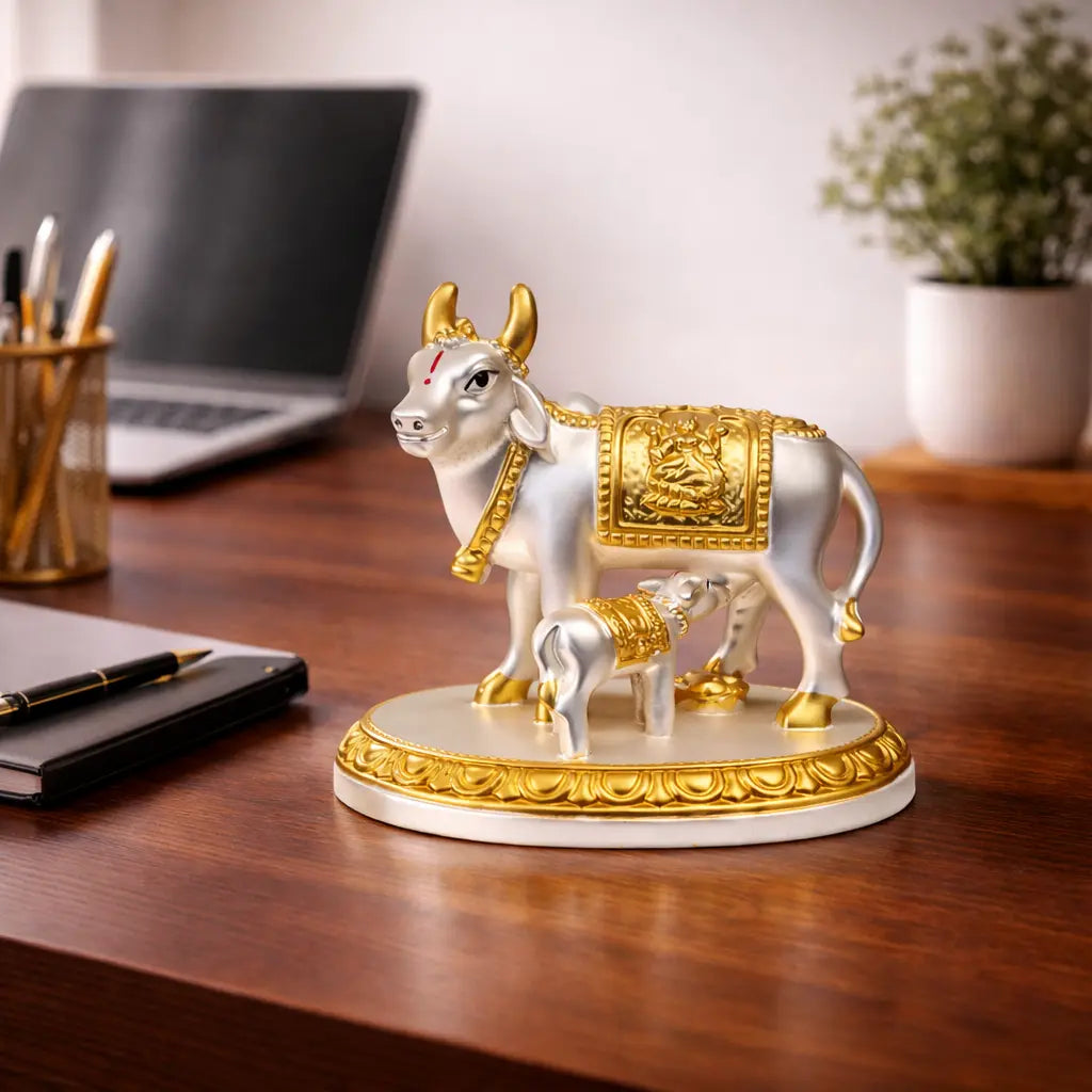 Kamdhenu Cow with Calf – Gold Silver Plated Matte Idol | Vastu Decor – Gold Art India