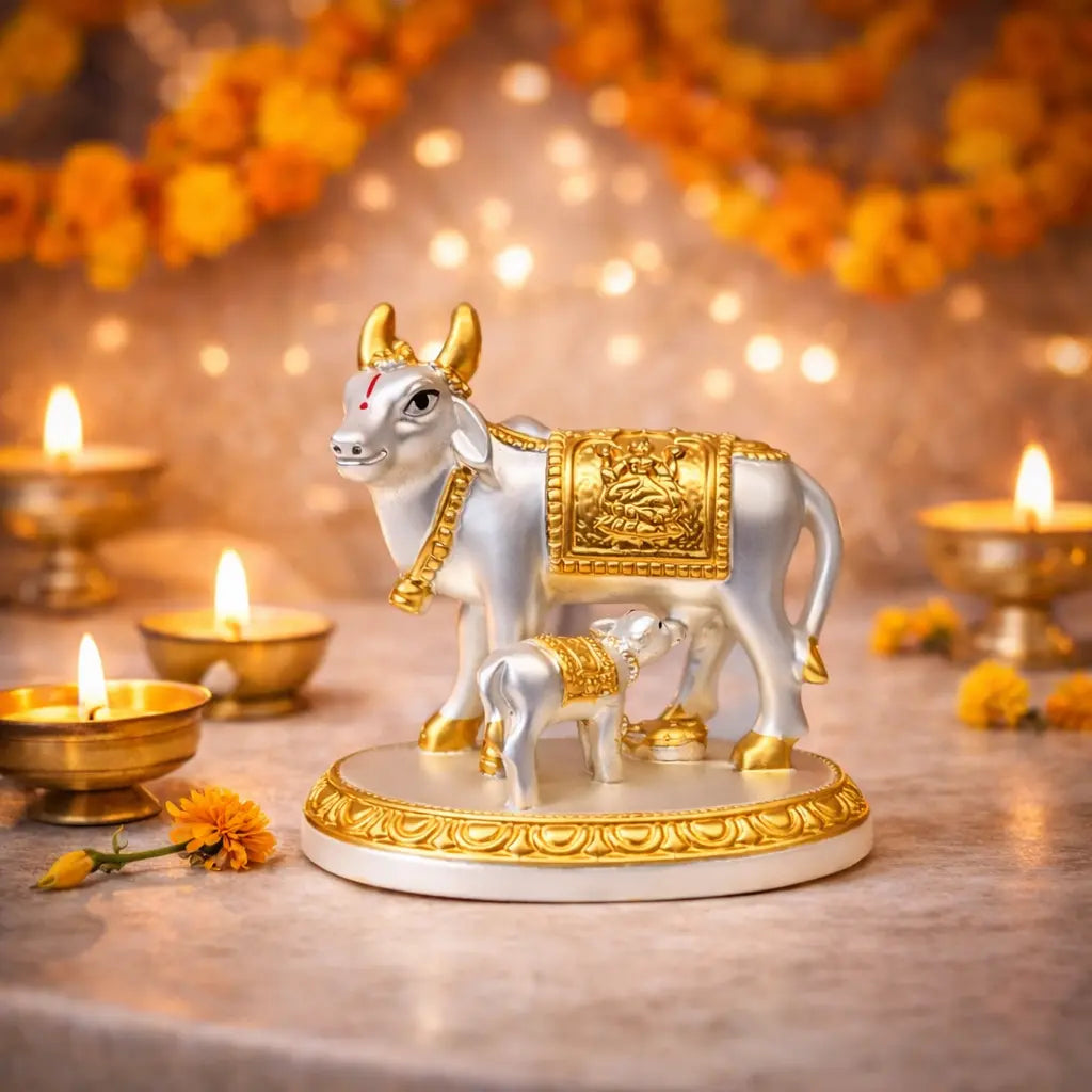 Kamdhenu Cow with Calf – Gold Silver Plated Matte Idol | Vastu Decor – Gold Art India