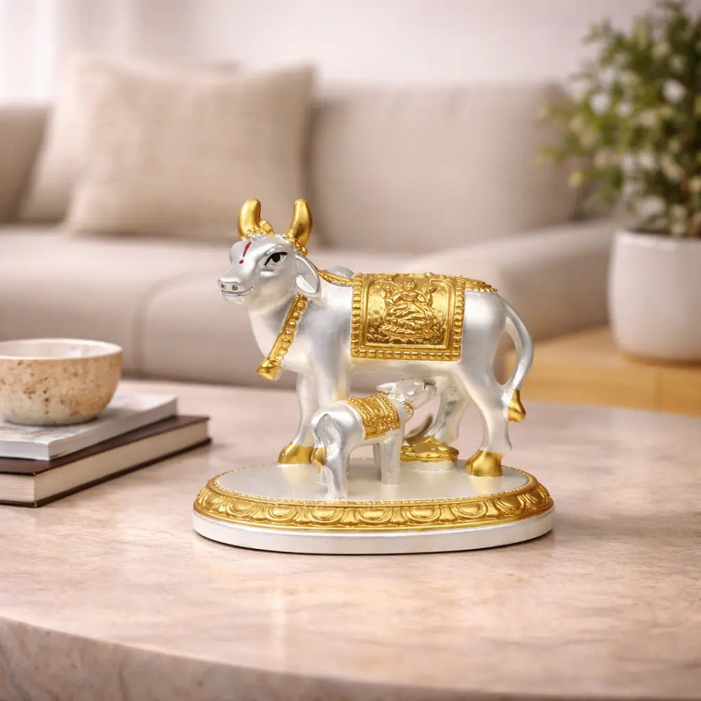 Kamdhenu Cow with Calf – Gold Silver Plated Matte Idol | Vastu Decor – Gold Art India