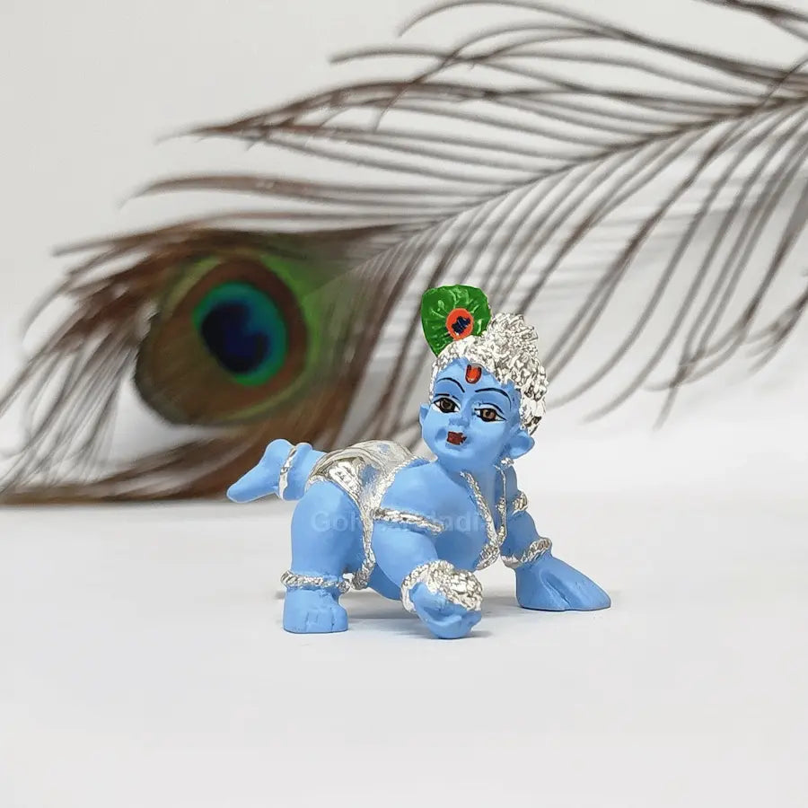 Laddu Gopal 999 Silver Plated Blue Idol Front View

