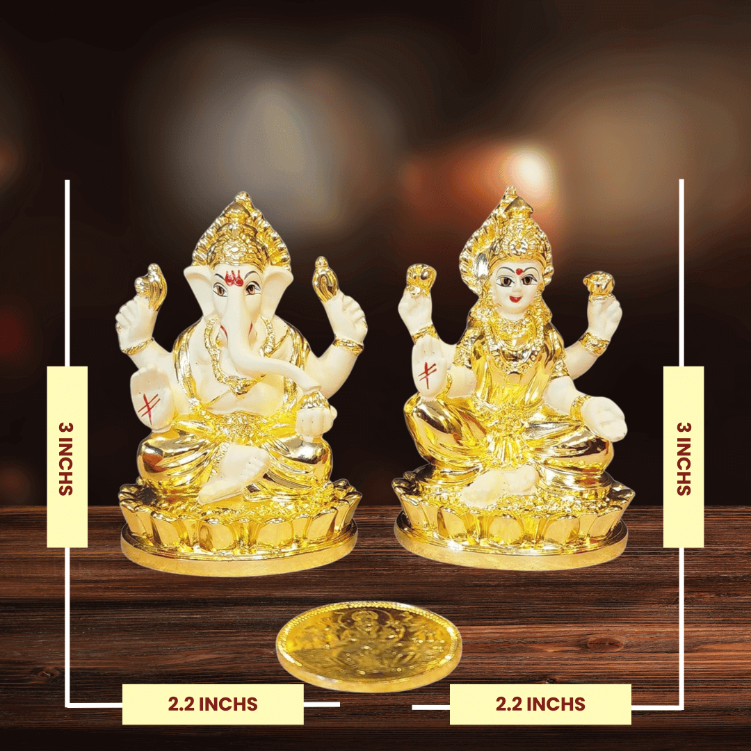 Laxmi Ganesh gold plated terracotta idol set on a lotus base, 3-inch size, perfect for spiritual decor or gifting.