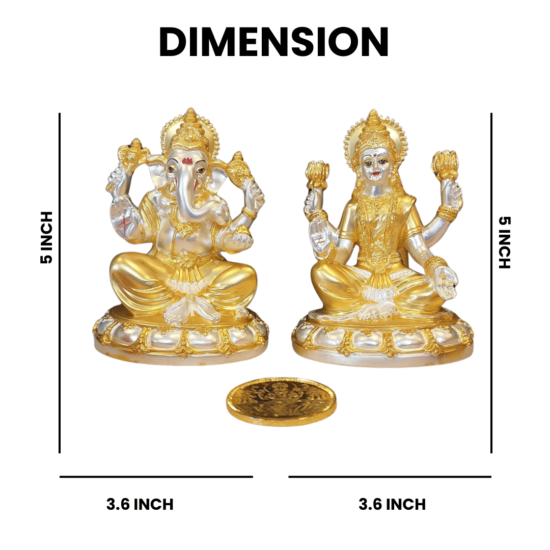 Laxmi Ganesha gold-plated idol set with dimensions, perfect for Diwali Puja and home decor.