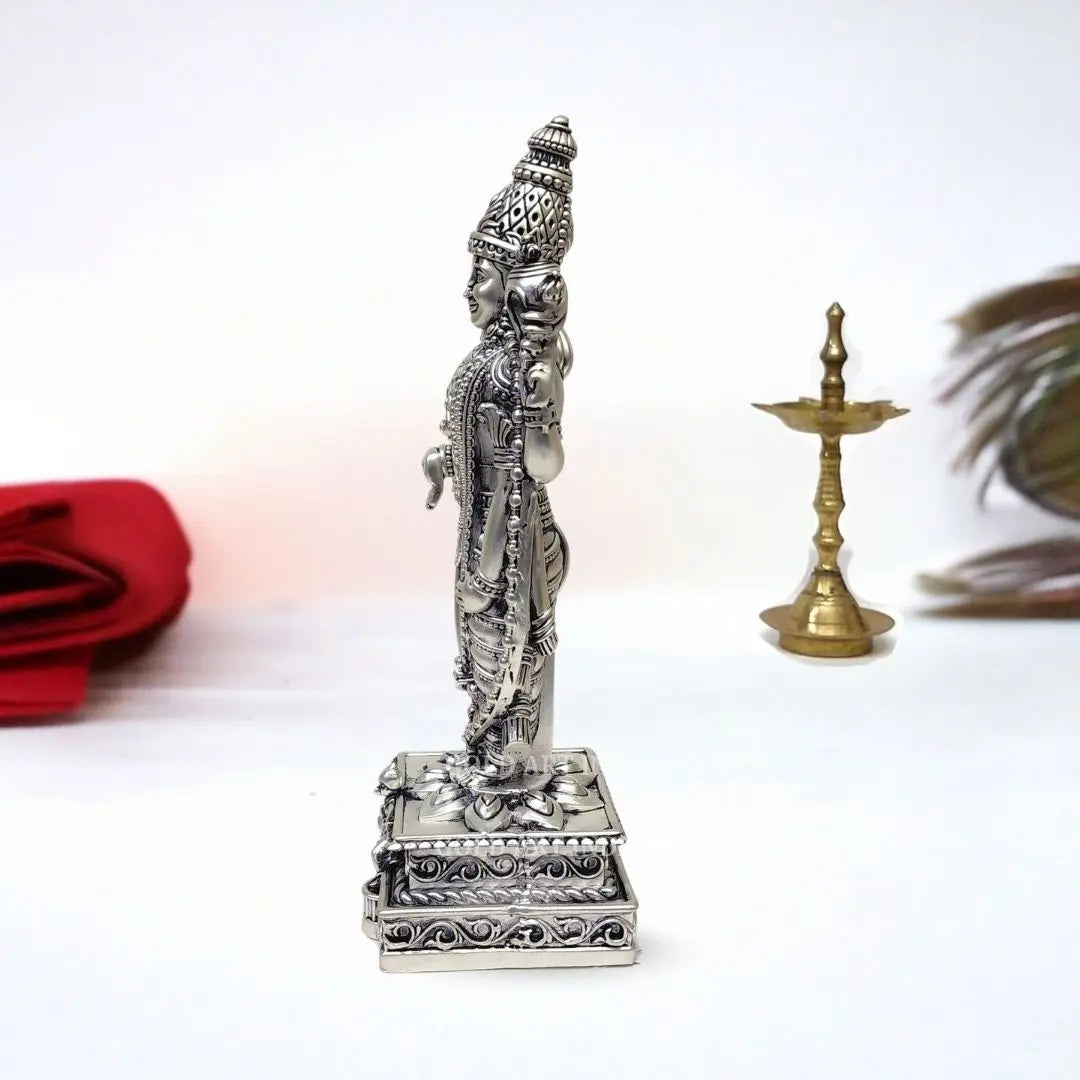 Side profile of 9 inch silver-plated Lord Tirupati Balaji statue with terracotta black finish
