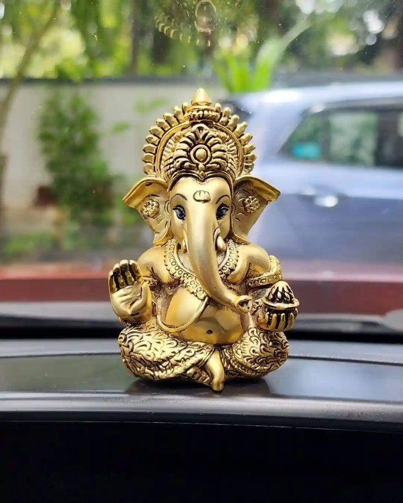 Gold Plated Antique Matte Ganesha Idol – 3.3 Inch Decorative Ganpati for Car Dashboard and Home by Gold Art India