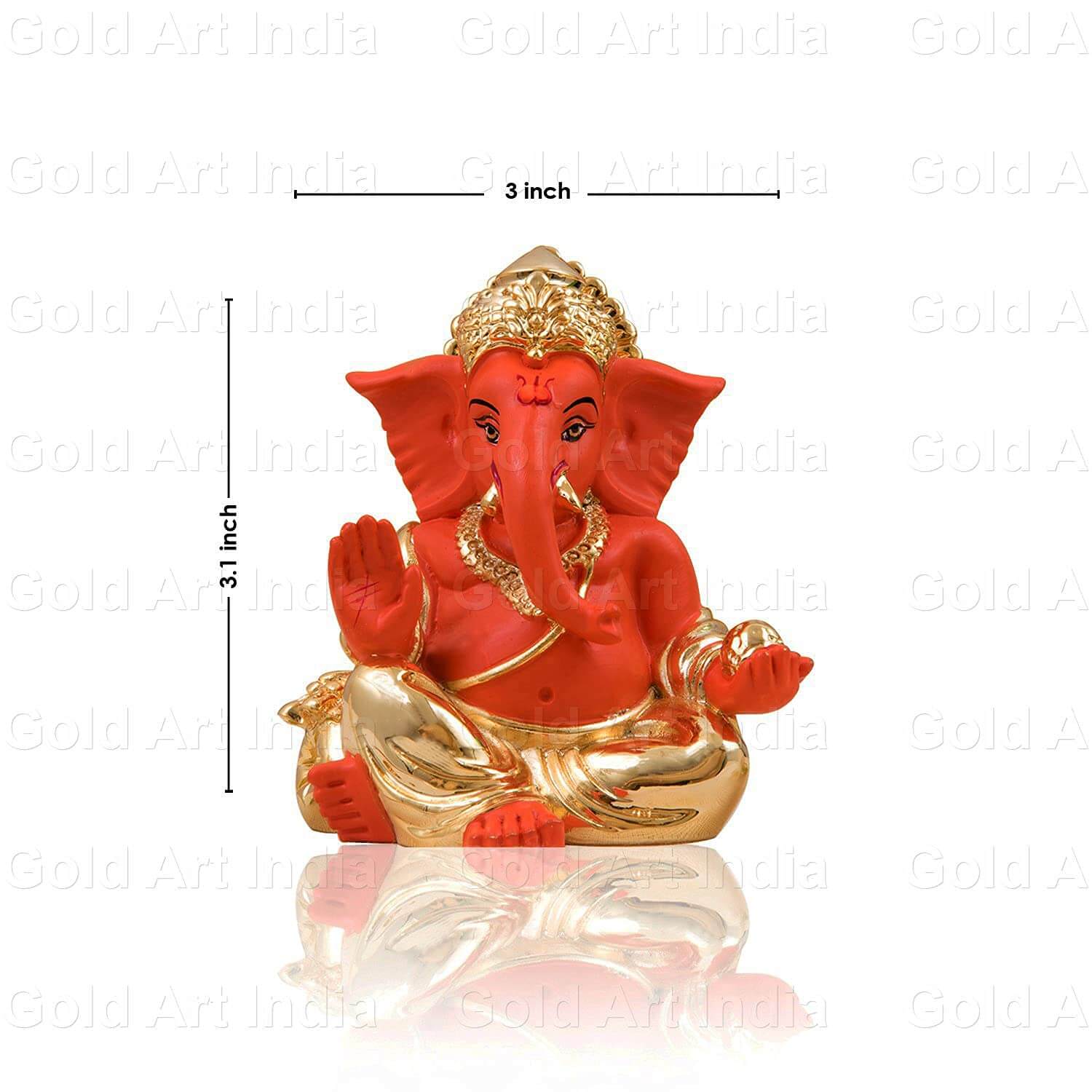 Gold plated orange Ganesha idol, 3.5" tall, perfect for home decor and gifts, made in India.