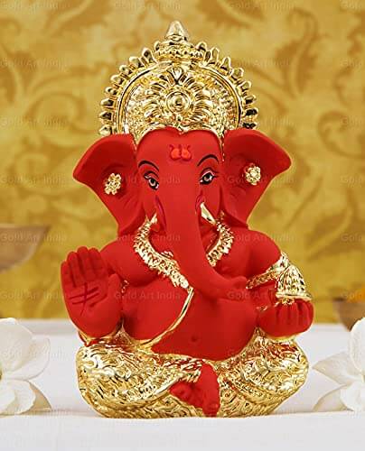 LORD GANESHA : Gold Plated Orange Terracotta Finish Ganesha Idol | Office Decor| Car & Home Decor | Perfect Gift