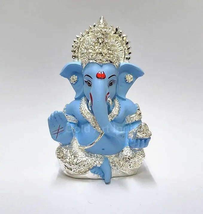 Silver plated Ganesha idol with Sky Blue terracotta finish, ideal for home and office decor, perfect gift for any occasion.