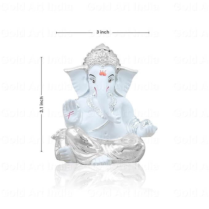 Silver plated Ganesha idol with white terracotta finish, 3.5 inches tall, perfect for home and office decor.