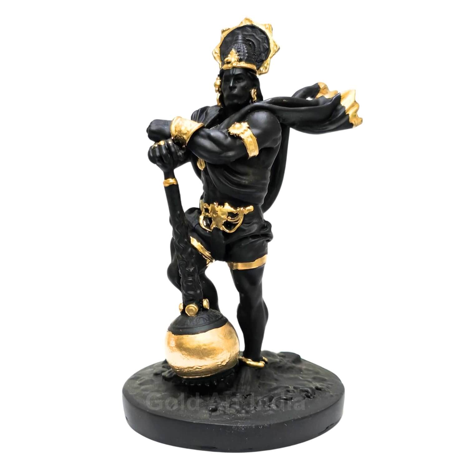 Black terracotta Lord Hanuman idol with golden accents, 4 inches tall, perfect for car dashboards and home decor.