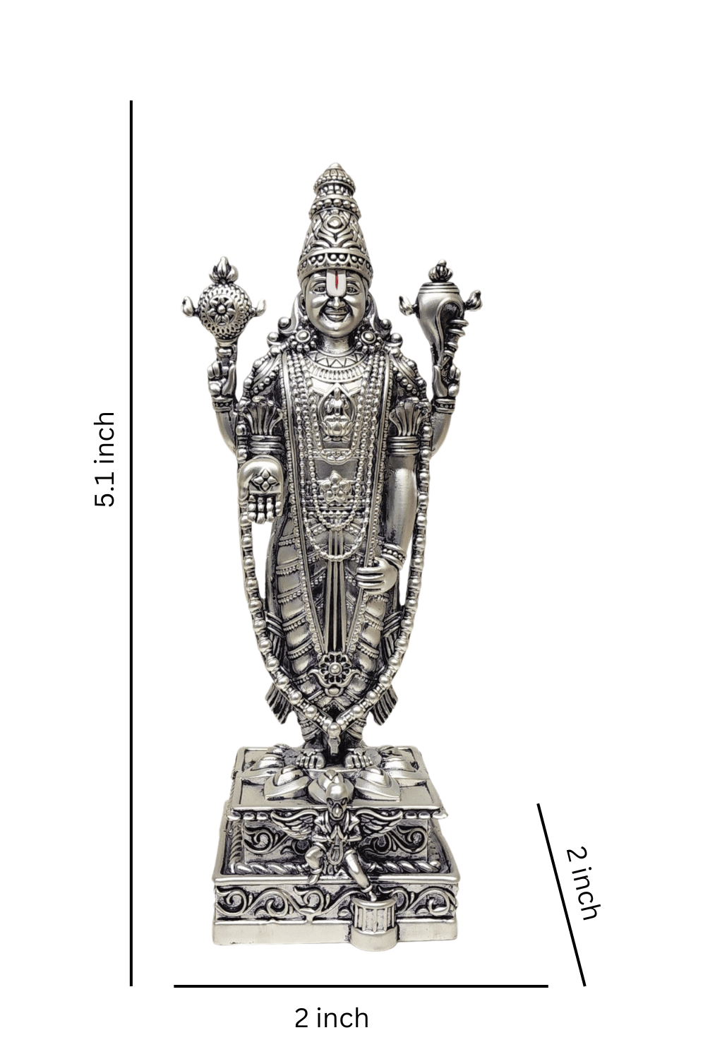 A 5.1-inch silver Plated idol of Lord Vishnu, intricately designed, standing on a decorated pedestal with divine ornaments and symbols. size 
