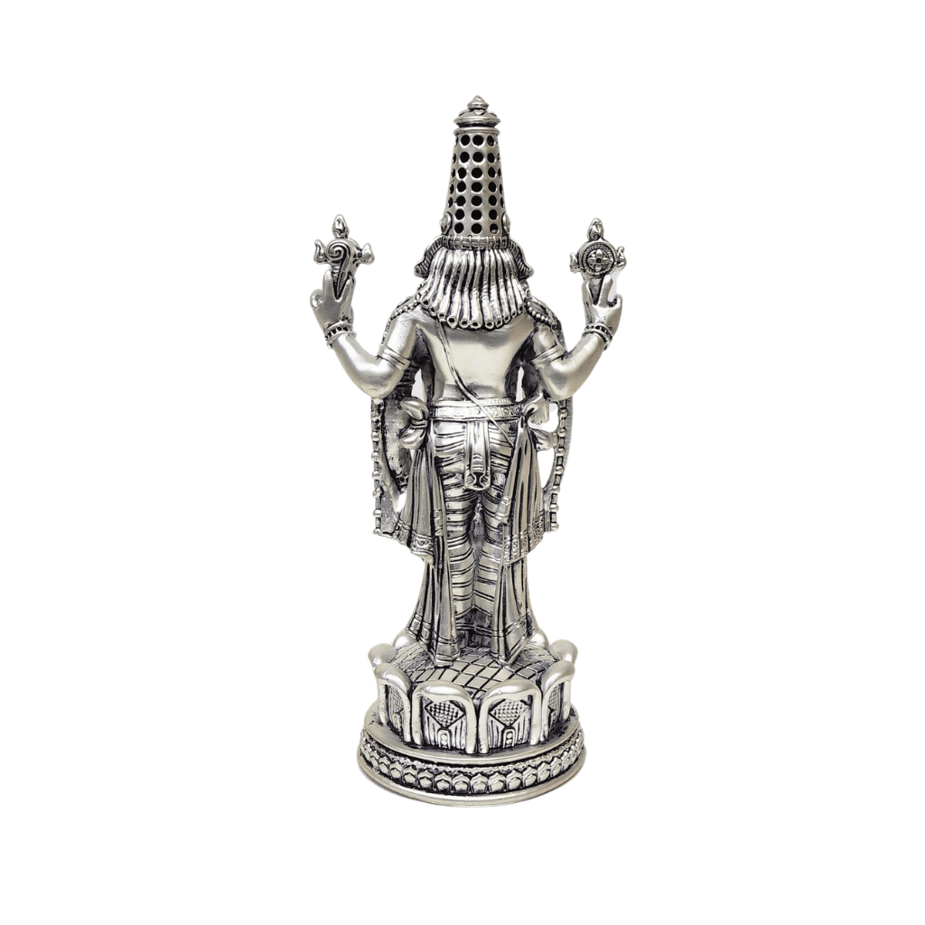 Antique silver Lord Venkateshwara idol showcasing intricate details, perfect for home temples and spiritual decor.