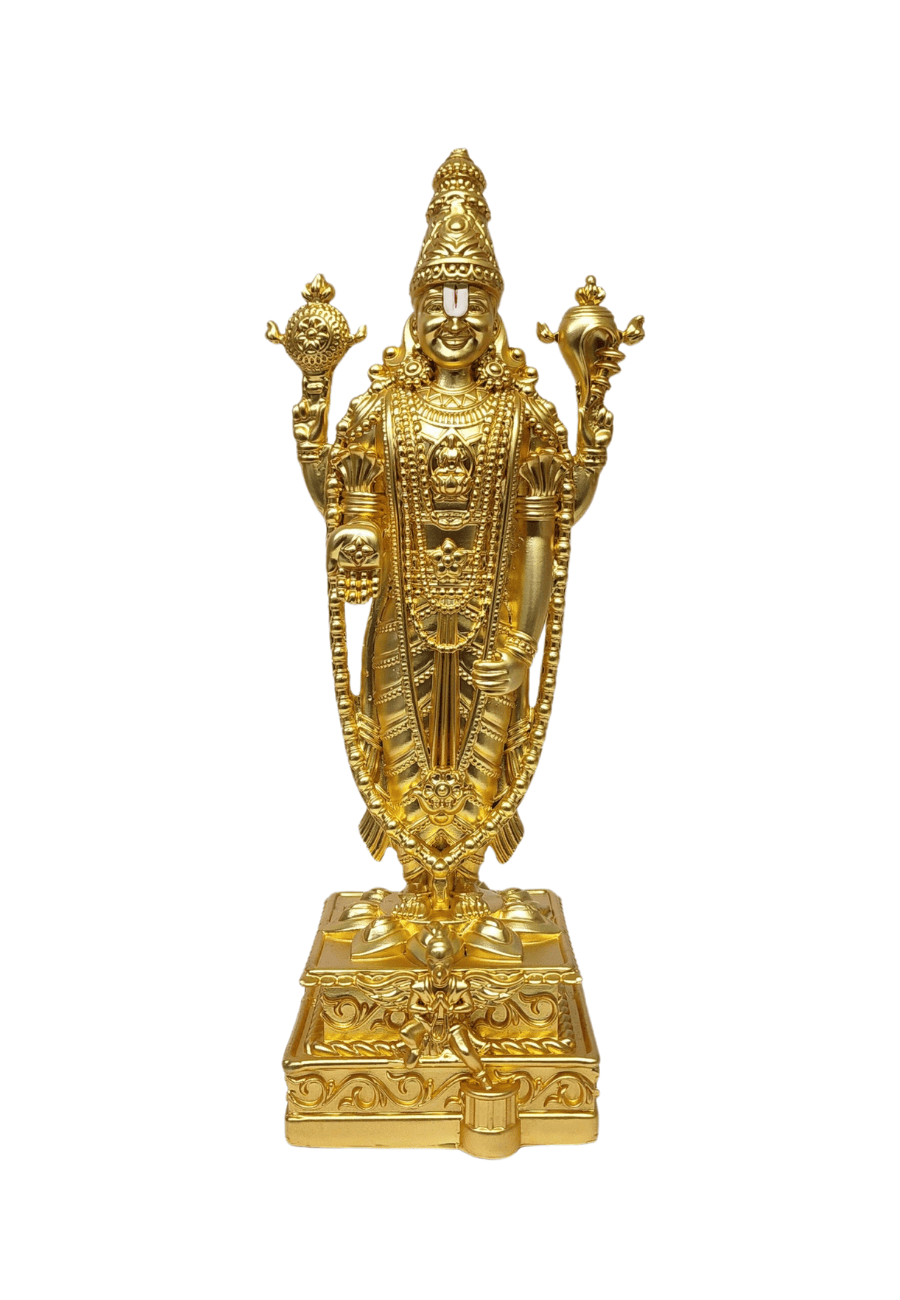 Gold-plated Lord Venkateshwara idol, intricately crafted, perfect for home temple and spiritual decor.