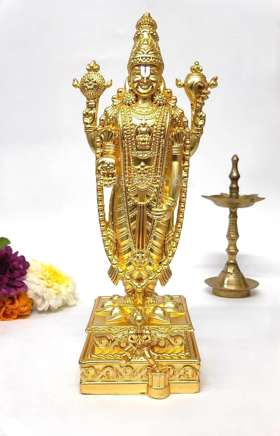 Gold-plated Lord Venkateshwara idol for home temples and worship, intricately crafted for spiritual decor.