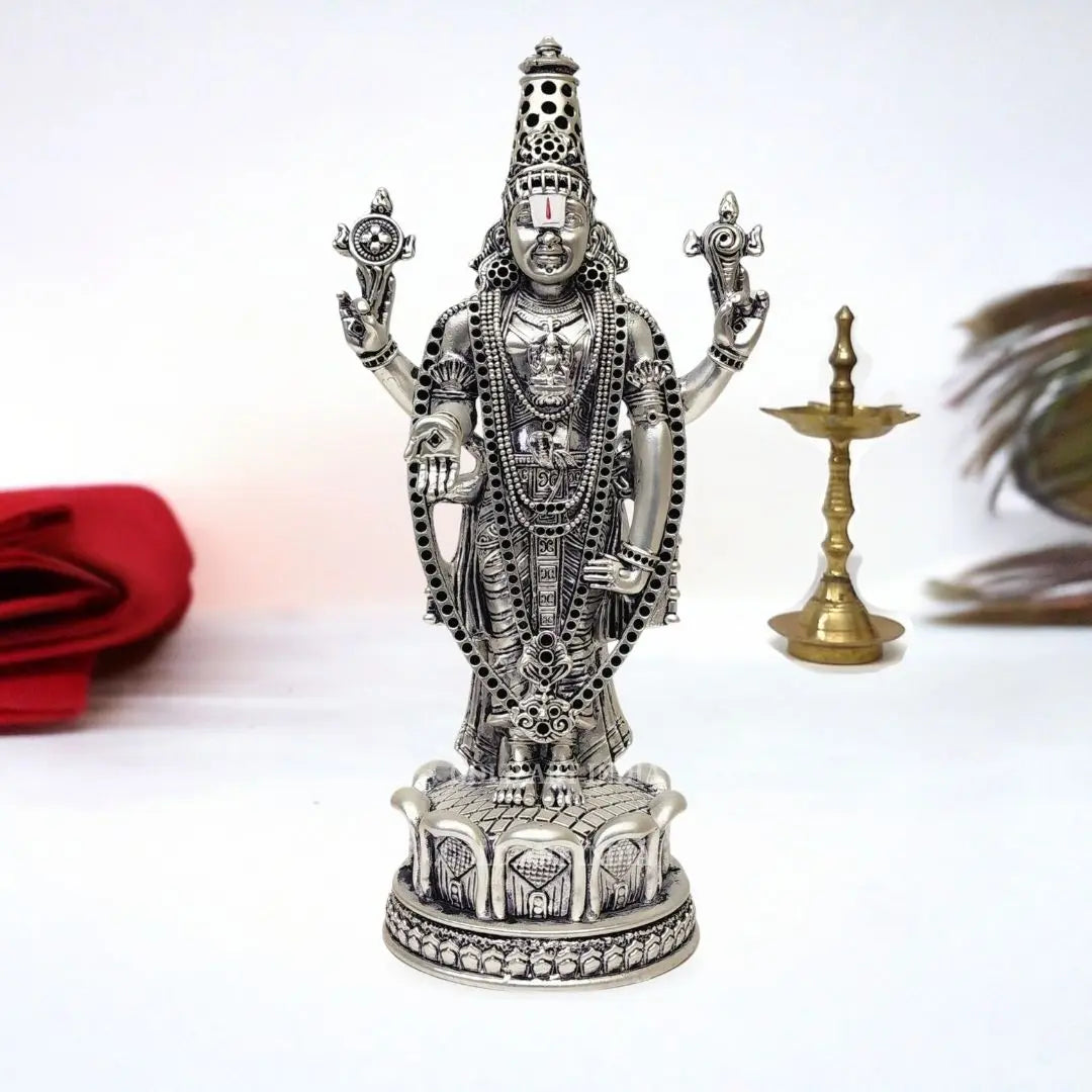 Silver Plated Antique Finish Lord Venkateshwara idol with intricate details, perfect for home temples and spiritual decor.