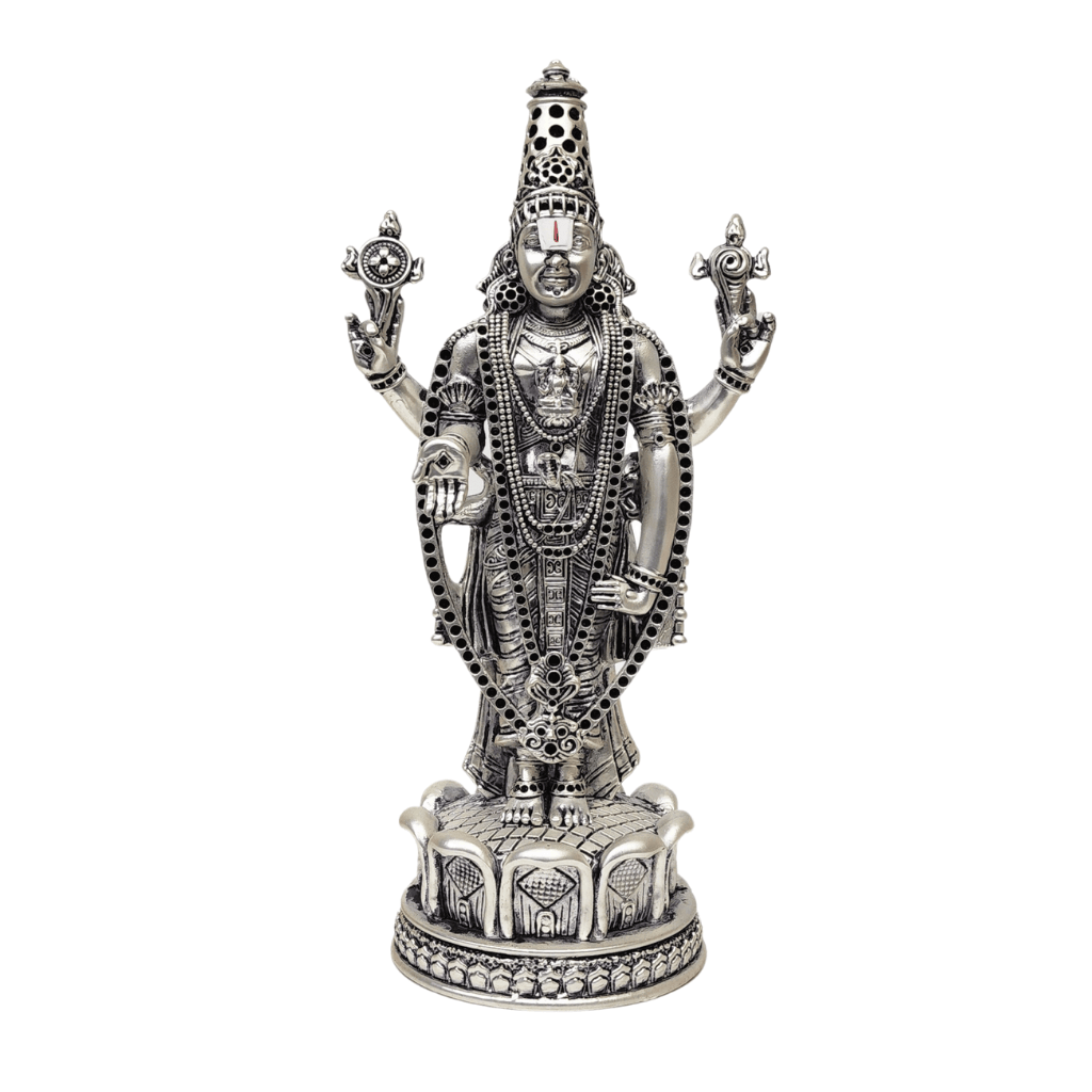 Antique silver Lord Venkateshwara idol with intricate details, perfect for home temples and spiritual decor.