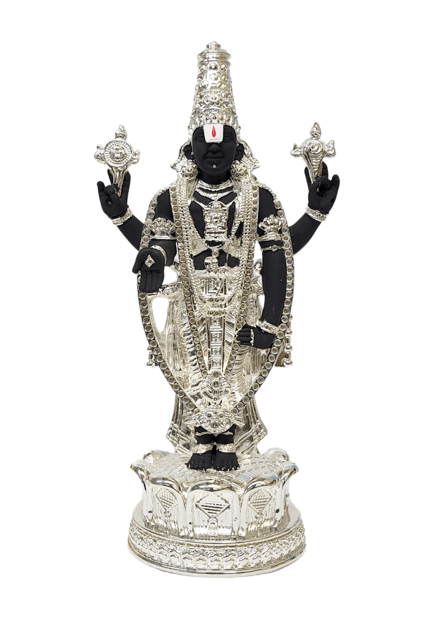 Black  Terraotta and silver Plaed  Lord Balaji idol, elegantly adorned with intricate silver detailing, standing on an Silver plated beautiful lotus. white background