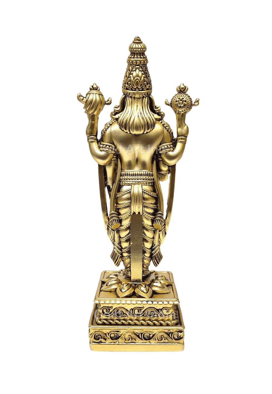 Lord Venkateshwara idol in gold antique finish for home temple decor and spiritual worship.