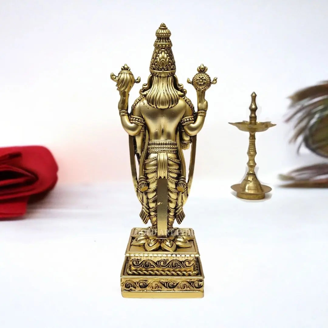 Lord Venkateshwara idol in gold antique finish for home temple decor and spiritual worship.