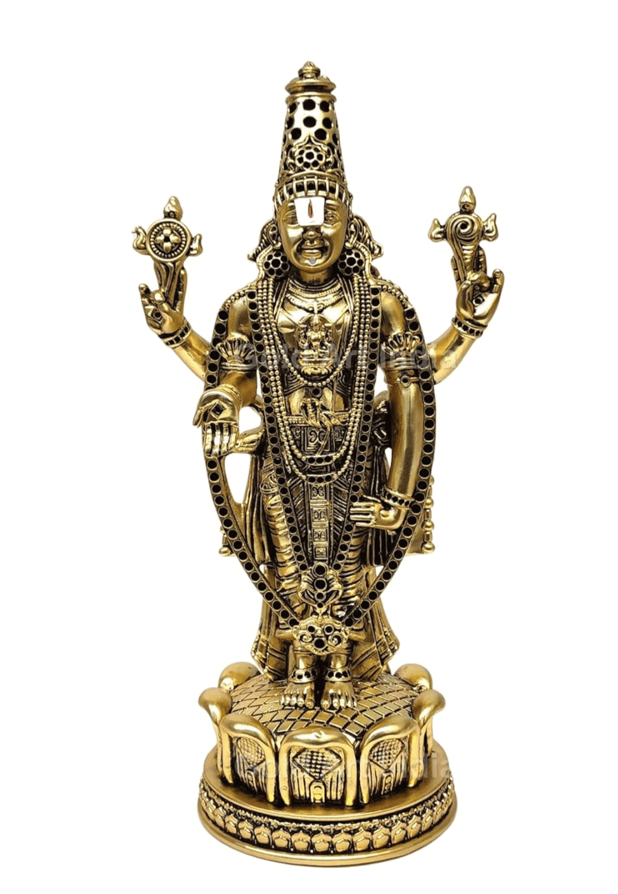 lord balaji idol Gold plated antique matte finish . intricate crafted ornaments and standing on Lotus Flower 