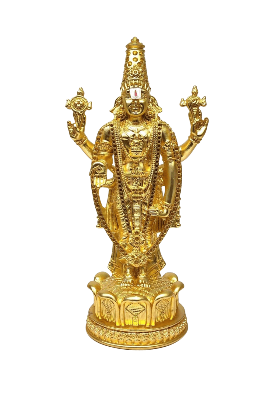  Lord Tirupati Balaji Gold  Plated Matte Idol with intricate golden jewelry Standing on lotus flower work 