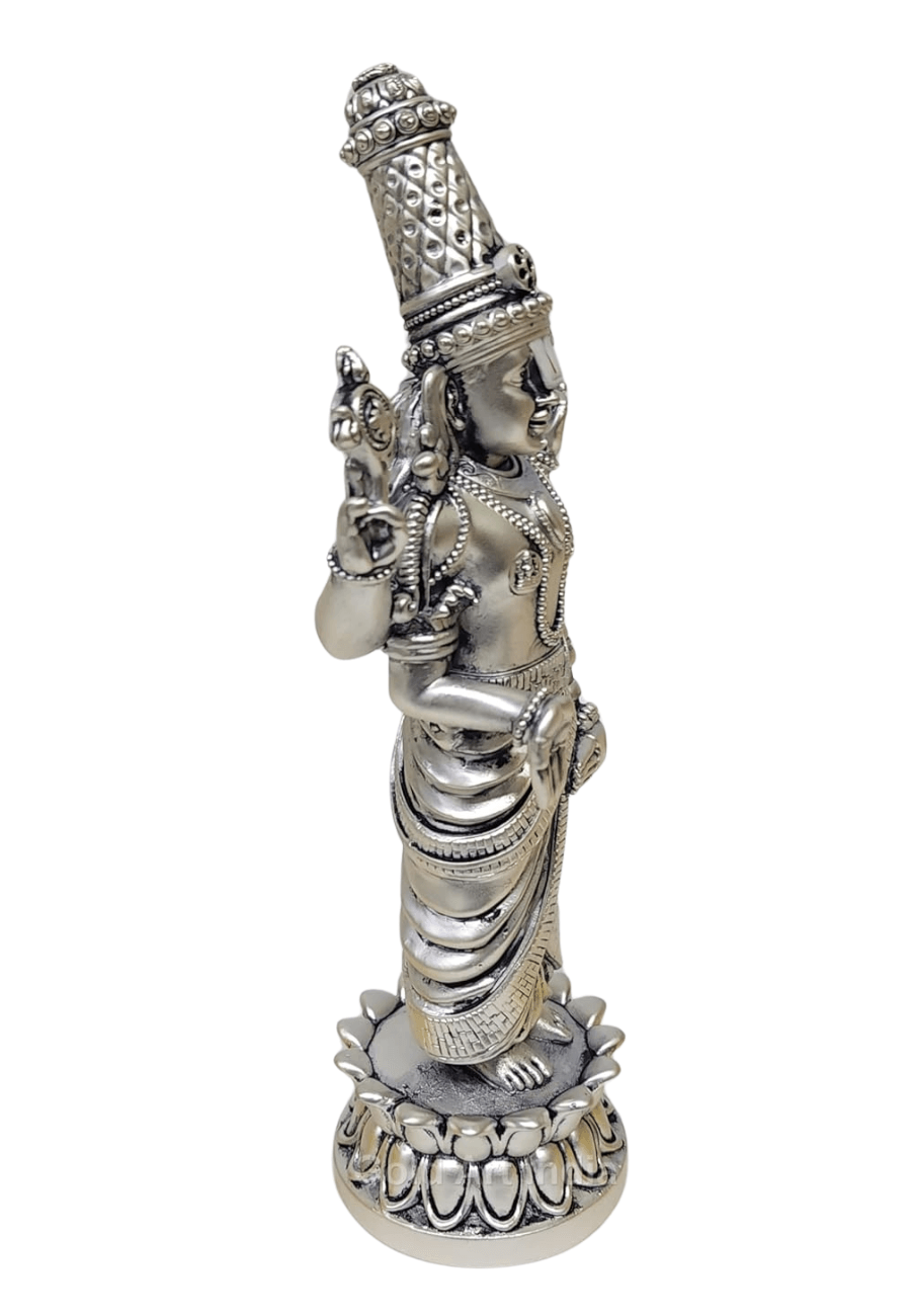 lord balaji idol silver plated antique matte finish . intricate crafted ornaments and standing on Lotus Flower 