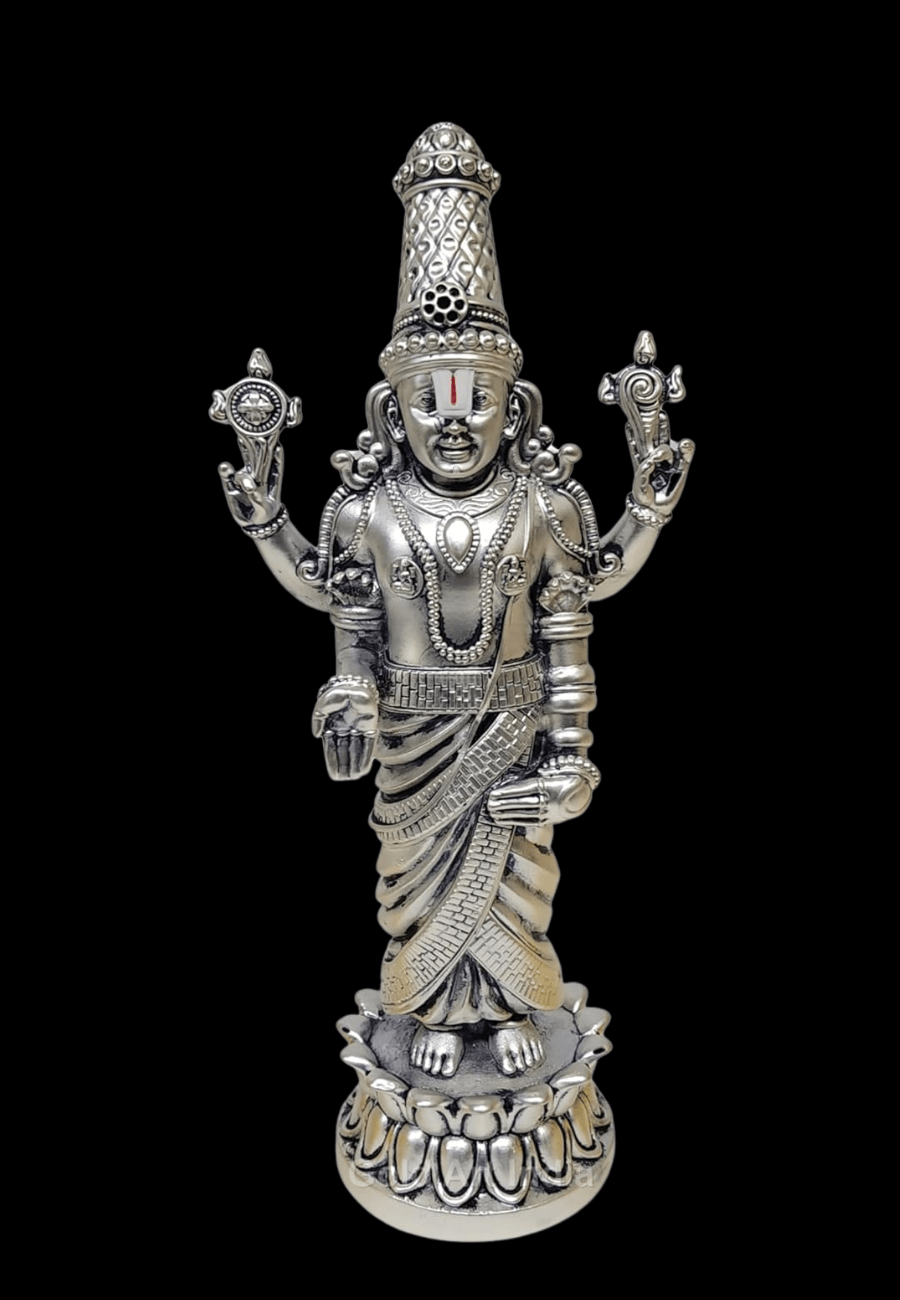 lord balaji idol silver plated antique matte finish . intricate crafted ornaments and standing on Lotus Flower 