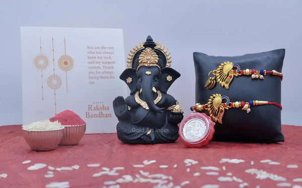 Black Terracotta Ganesha Idol with Rakhi Combo – Gold Art India
