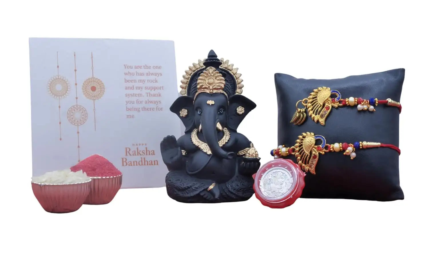 mukut black terracotta gansha idol rakhi combo set white backgrond 