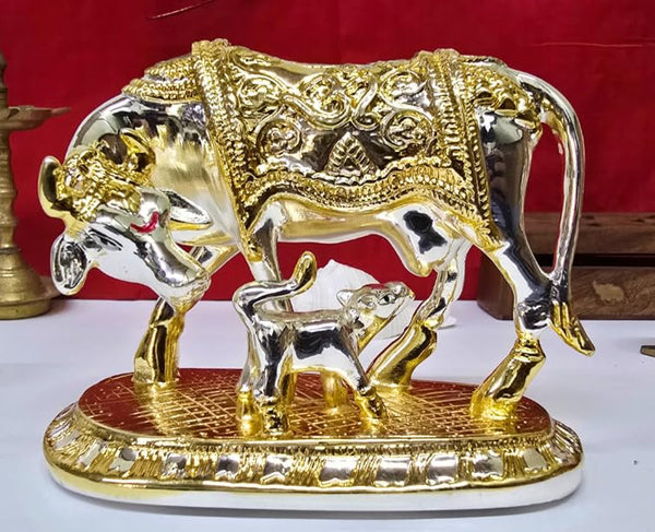 Gold Art India Kamdhenu Cow & Calf Idol – Om Symbol Gold Silver Plated