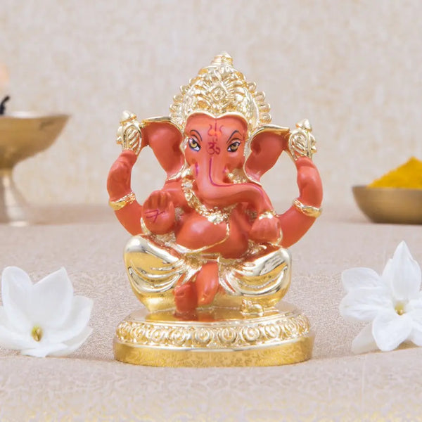 Gold Plated 4 Hand Ganesha Idol for Car Dashboard, Office Desk, and Festive Gifting