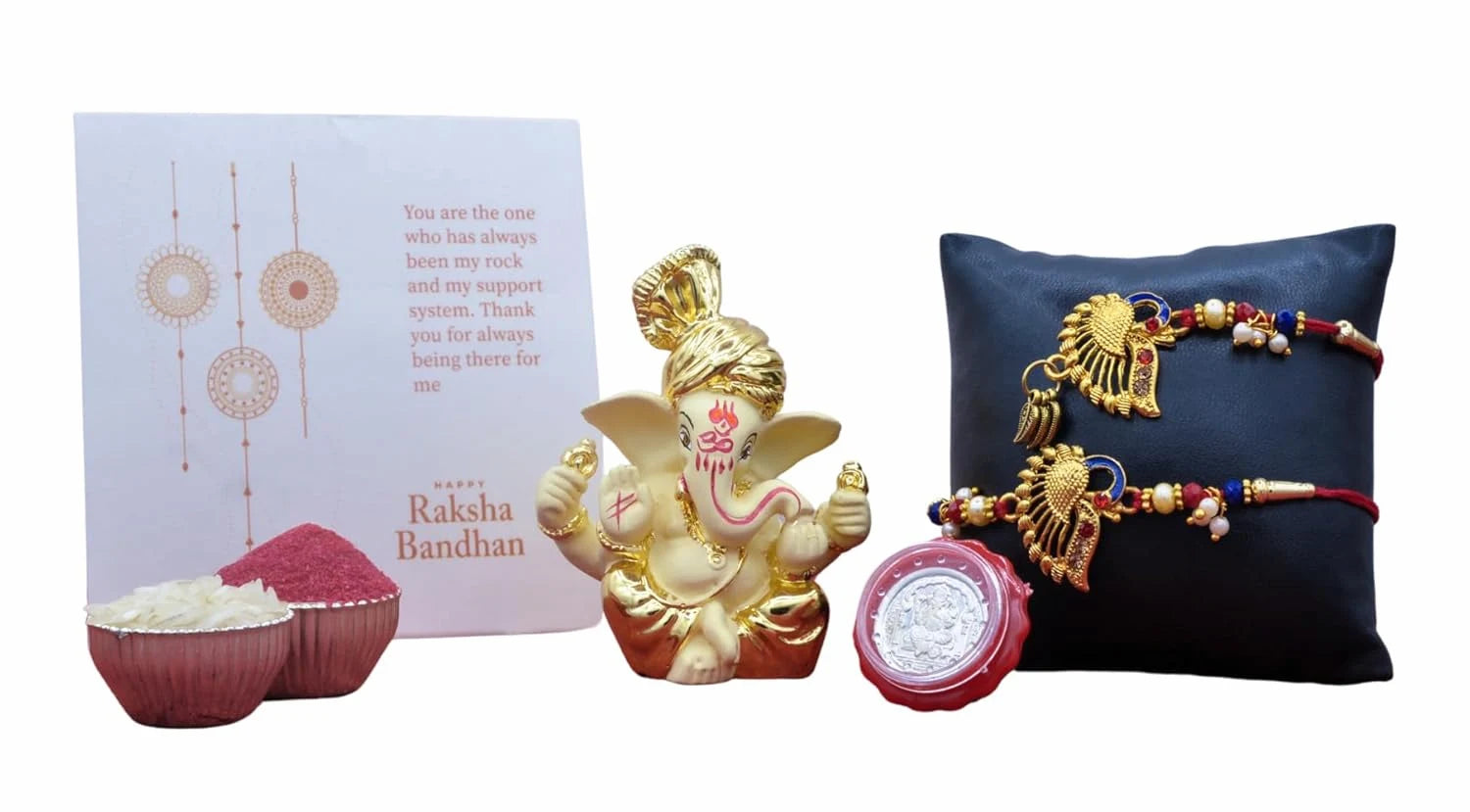 Off-white gold Ganesha idol Rakhi gift set with silver coin and card – Gold Art India
