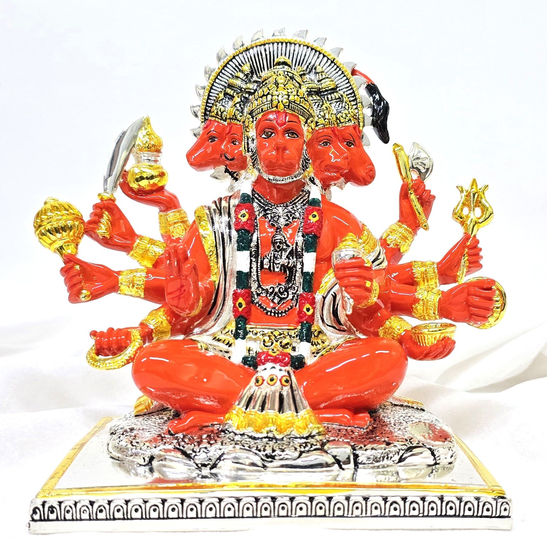 Front view of Panchmukhi Hanuman idol with five faces and ten arms holding weapons, gold and silver plated with orange finish.