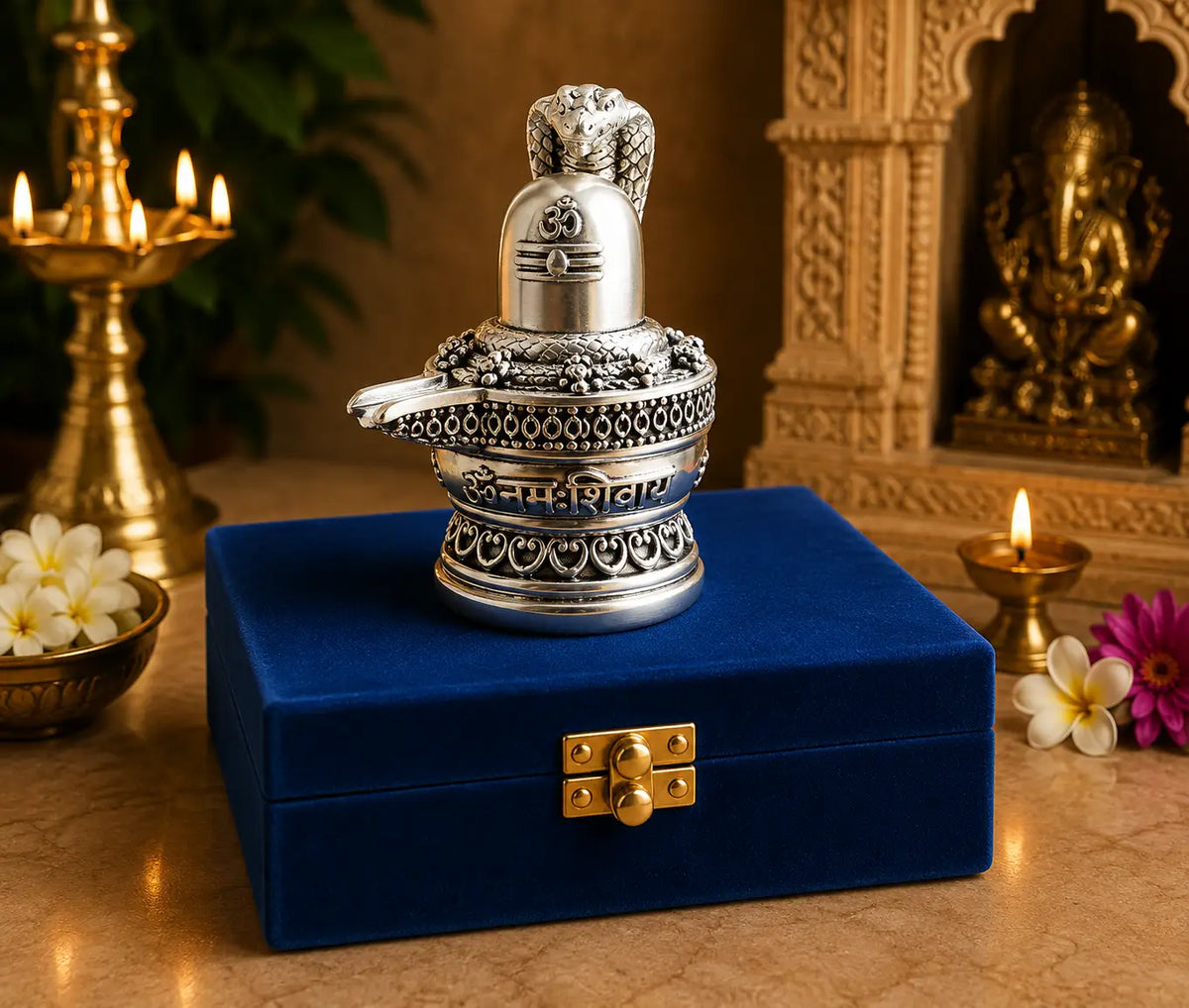 Gold Art India 999 Silver Plated Antique Shivling with Naag – 3 Inch Lord Shiva Shivling Idol