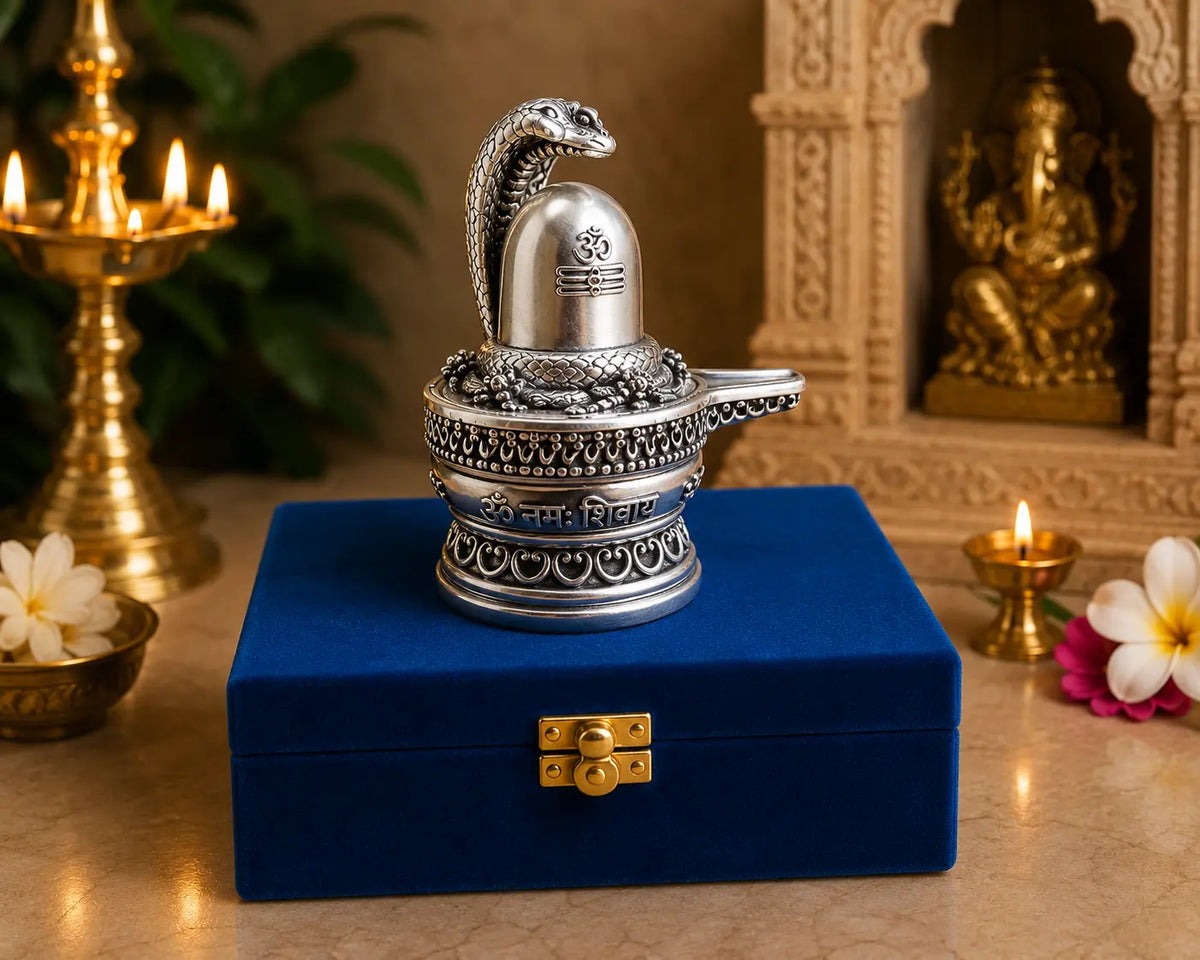 Gold Art India 999 Silver Plated Antique Shivling with Naag – 3 Inch Lord Shiva Shivling Idol