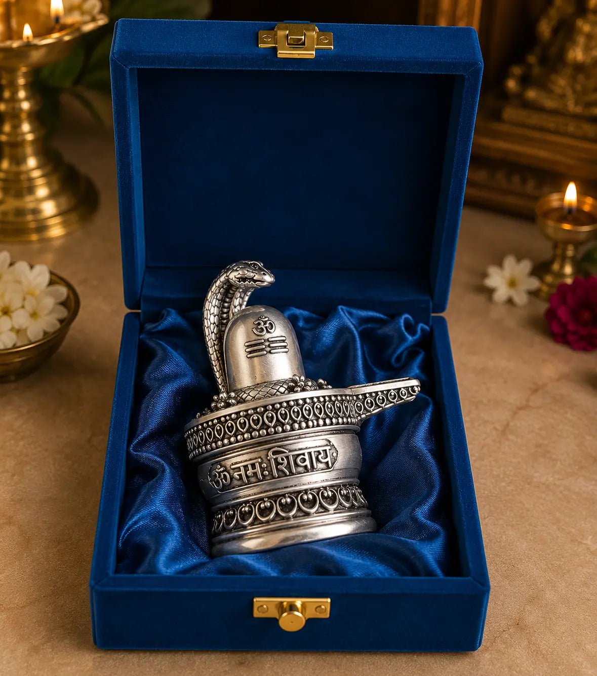Gold Art India 999 Silver Plated Antique Shivling with Naag – 3 Inch Lord Shiva Shivling Idol