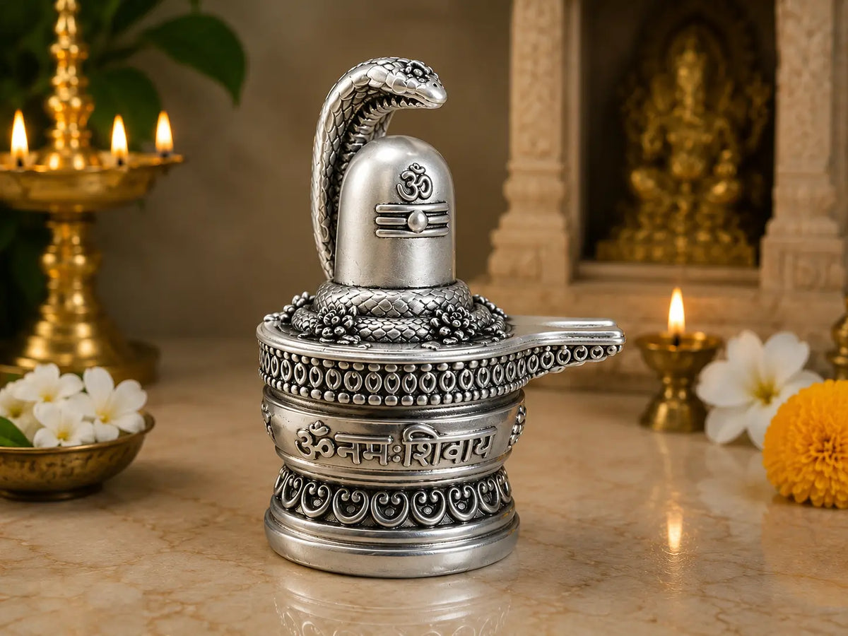 Gold Art India 999 Silver Plated Antique Shivling with Naag – 3 Inch Lord Shiva Shivling Idol