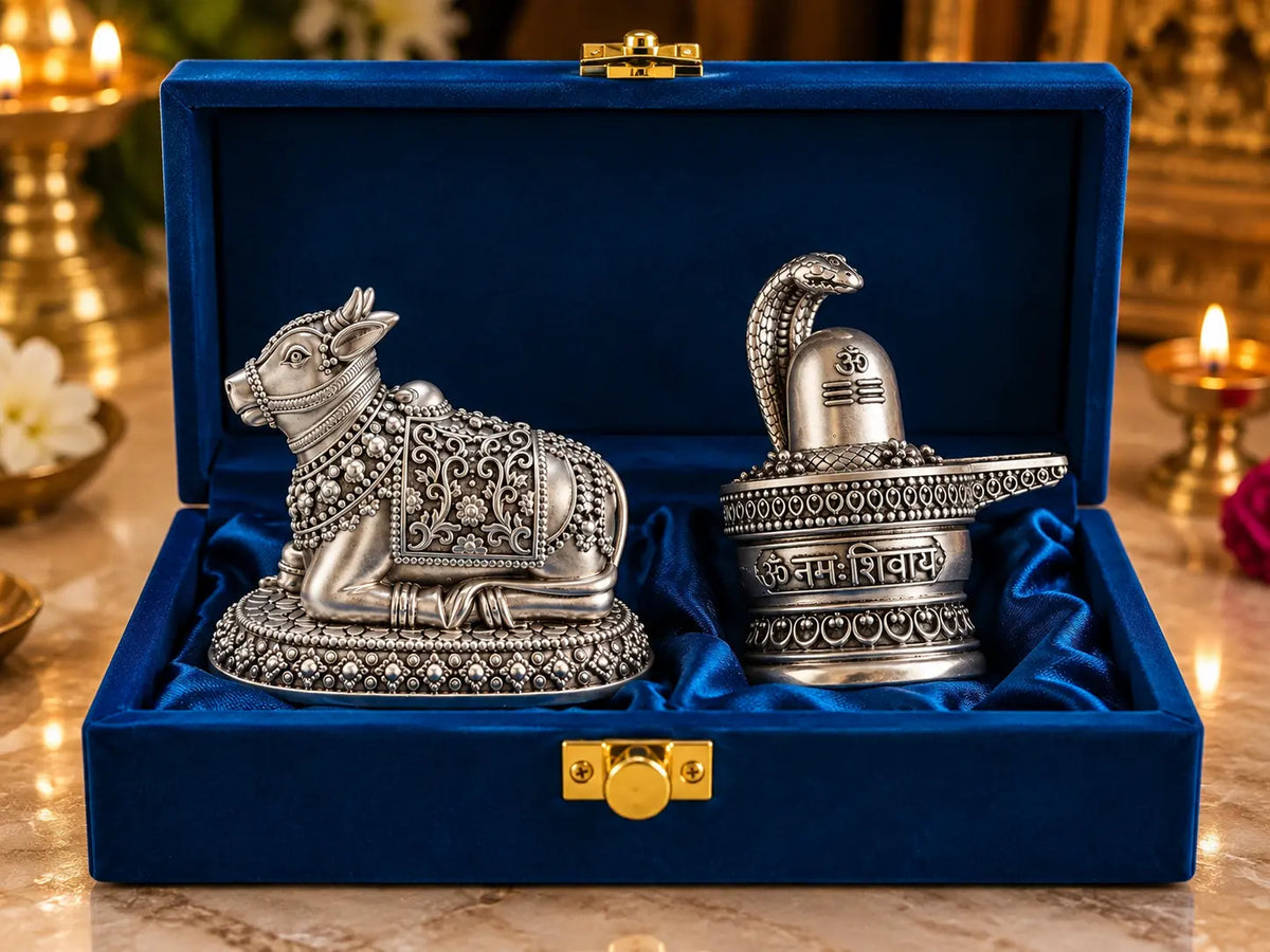 Gold Art India Shivling & Nandi Combo – 999 Silver Plated 3 Inch Set | Premium Gift Box