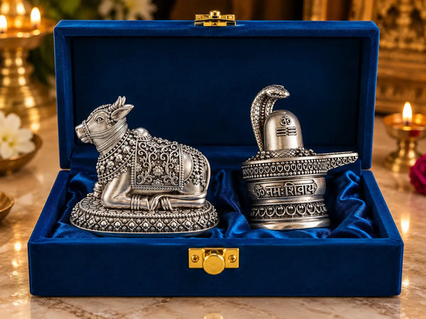 Gold Art India Shivling & Nandi Combo – 999 Silver Plated 3 Inch Set | Premium Gift Box