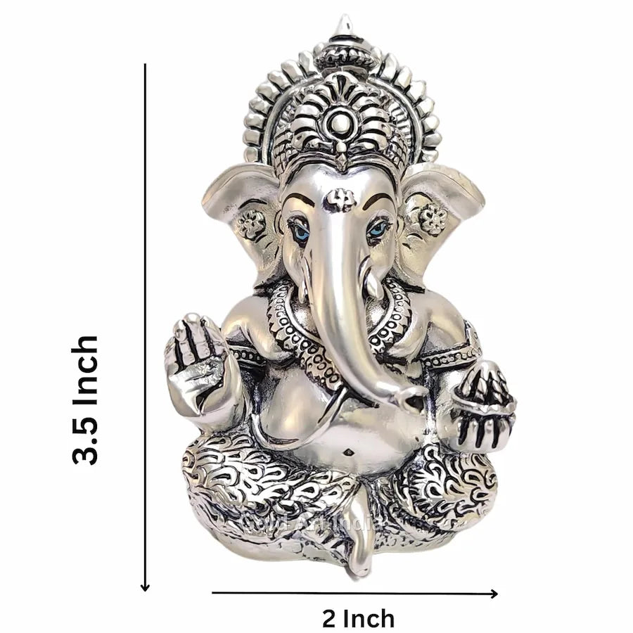 Silver antique matte Ganesha idol – 3.5 inch with modak and blessing posture – Gold Art India
