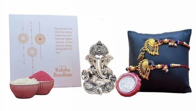 Silver matte Ganesha idol Rakhi gift set with greeting card and roli chawal – Gold Art India


