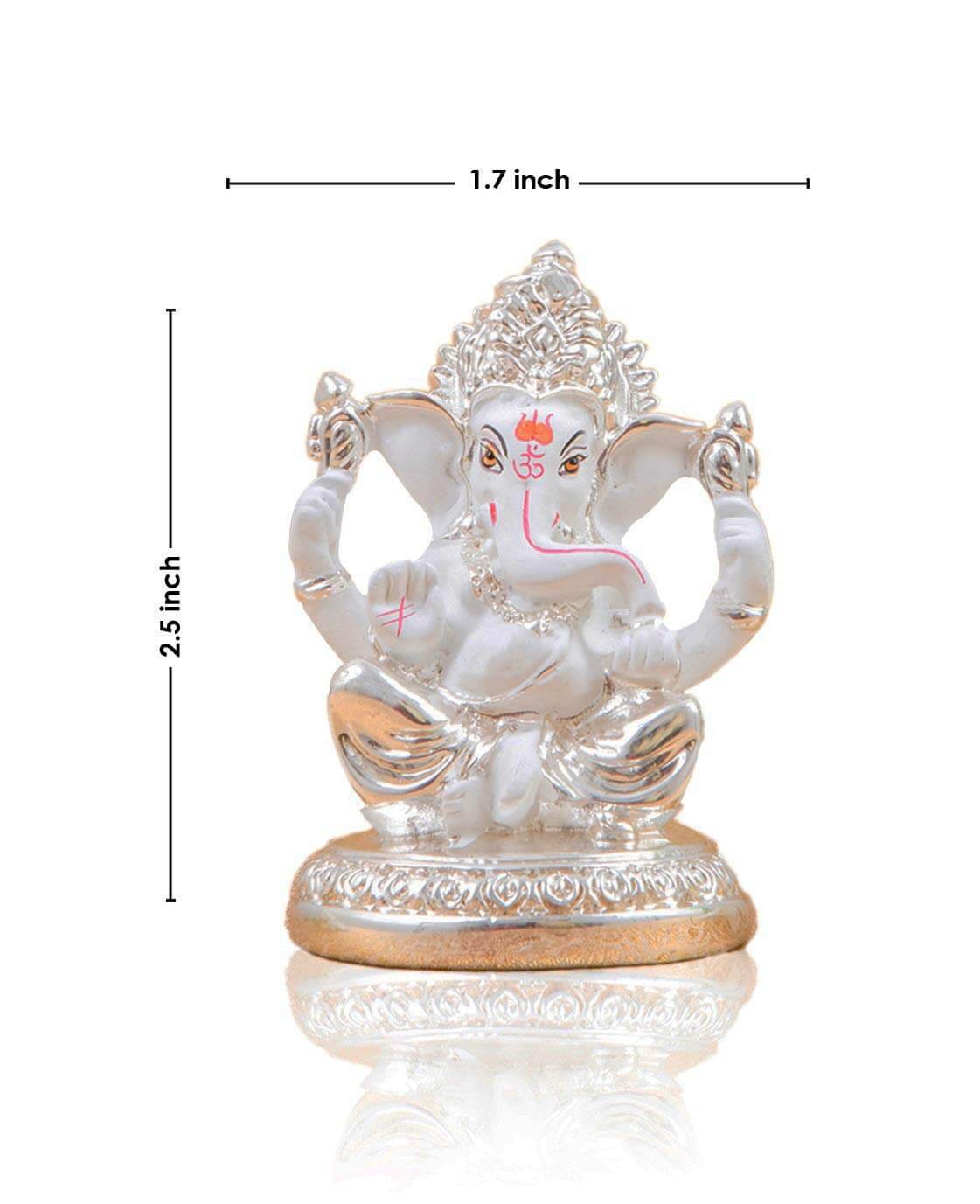 Silver plated Ganesha idol with white terracotta finish, 2.5 inches tall, perfect for home or office decor.
