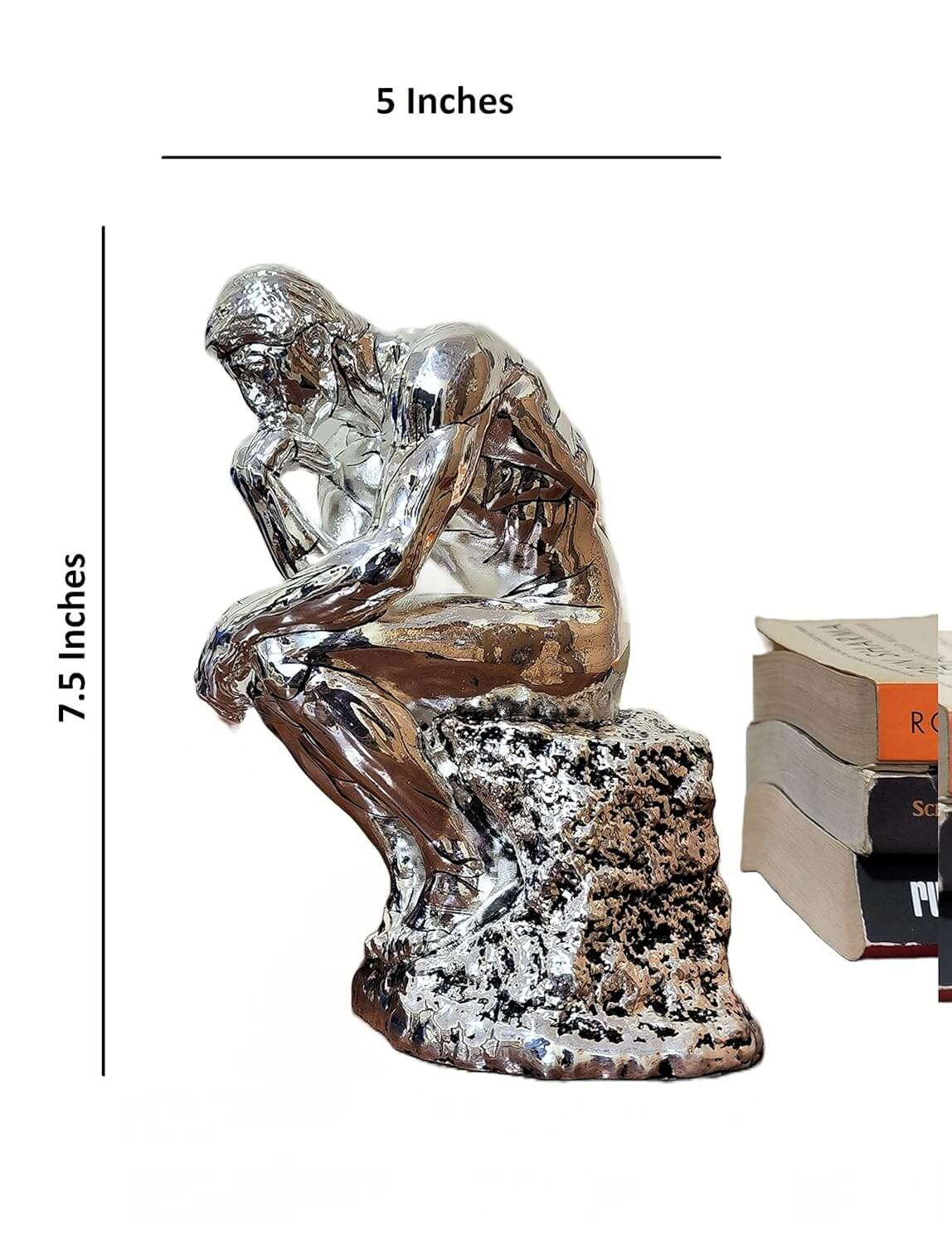 Silver plated antique Thinker statue, 7.5 inches tall, 5 inches wide, ideal collectible decor.