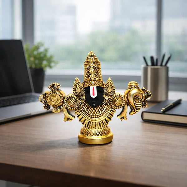 Lord Balaji Face Idol – Gold-Plated Antique Finish – 3.5 Inch for Pooja, Office & Gifts - Gold Art India