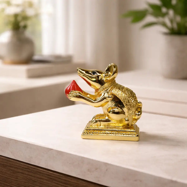 Gold-Plated Mushak (Mooshak) Idol with Modak | Orange Terracotta Finish | Ganesha Vahana