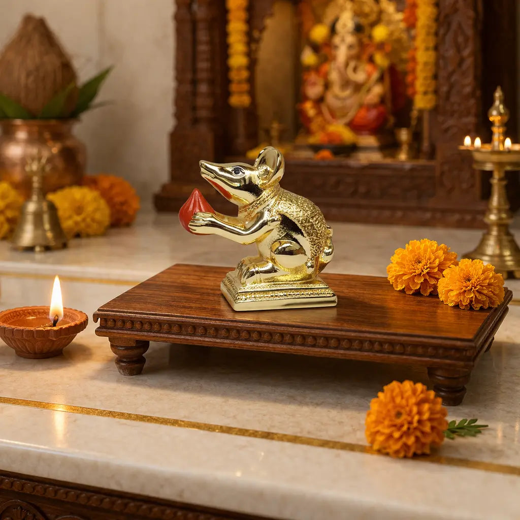 Gold-Plated Mushak (Mooshak) Idol with Modak | Orange Terracotta Finish | Ganesha Vahana